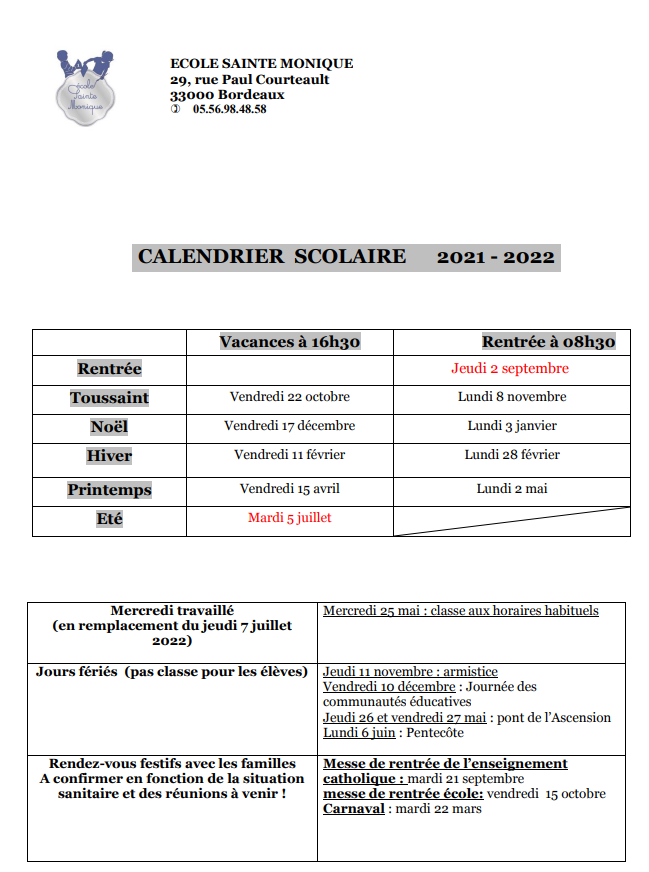 Agenda Ecole Sainte Monique à Bordeaux Maternelle, Primaire